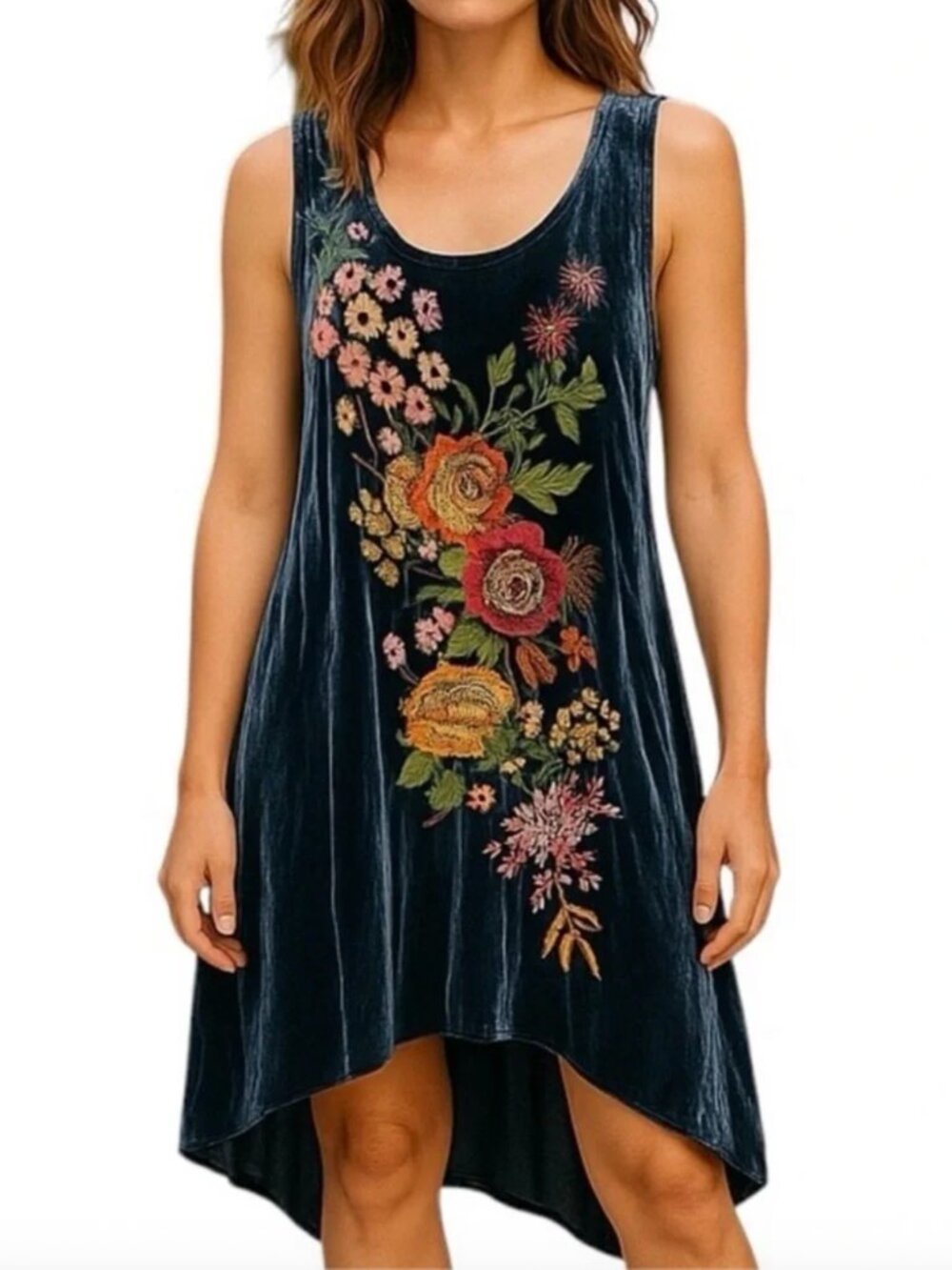 Johnny Was Navy Velvet Dress with Floral Embroidery